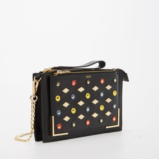 The Austin Convertible Clutch – Black Leather with Gold Studs - PUREKIND