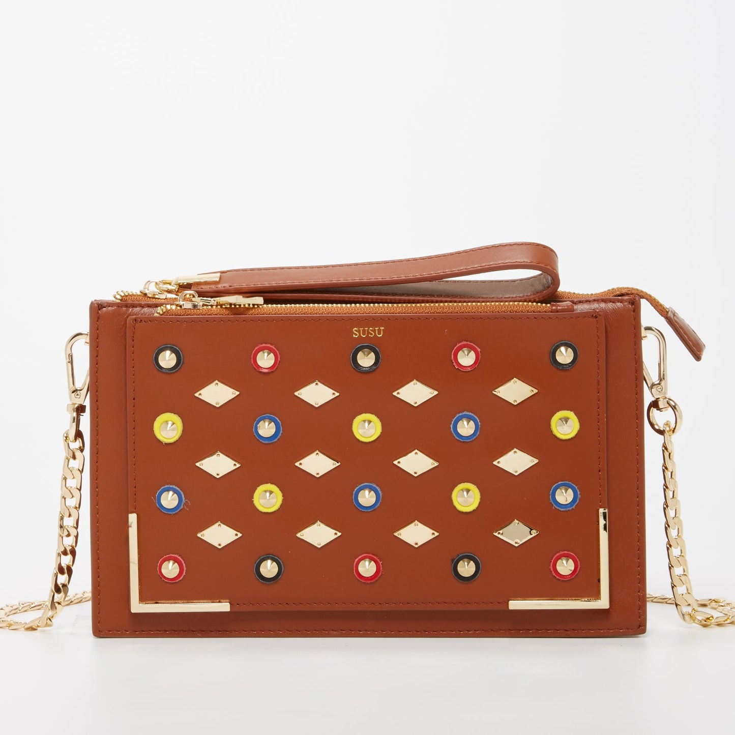 The Austin – Brown Leather Convertible Clutch with Gold Studs