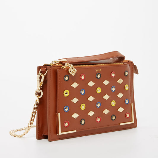 The Austin Convertible Clutch – Brown Leather with Gold Studs - PUREKIND