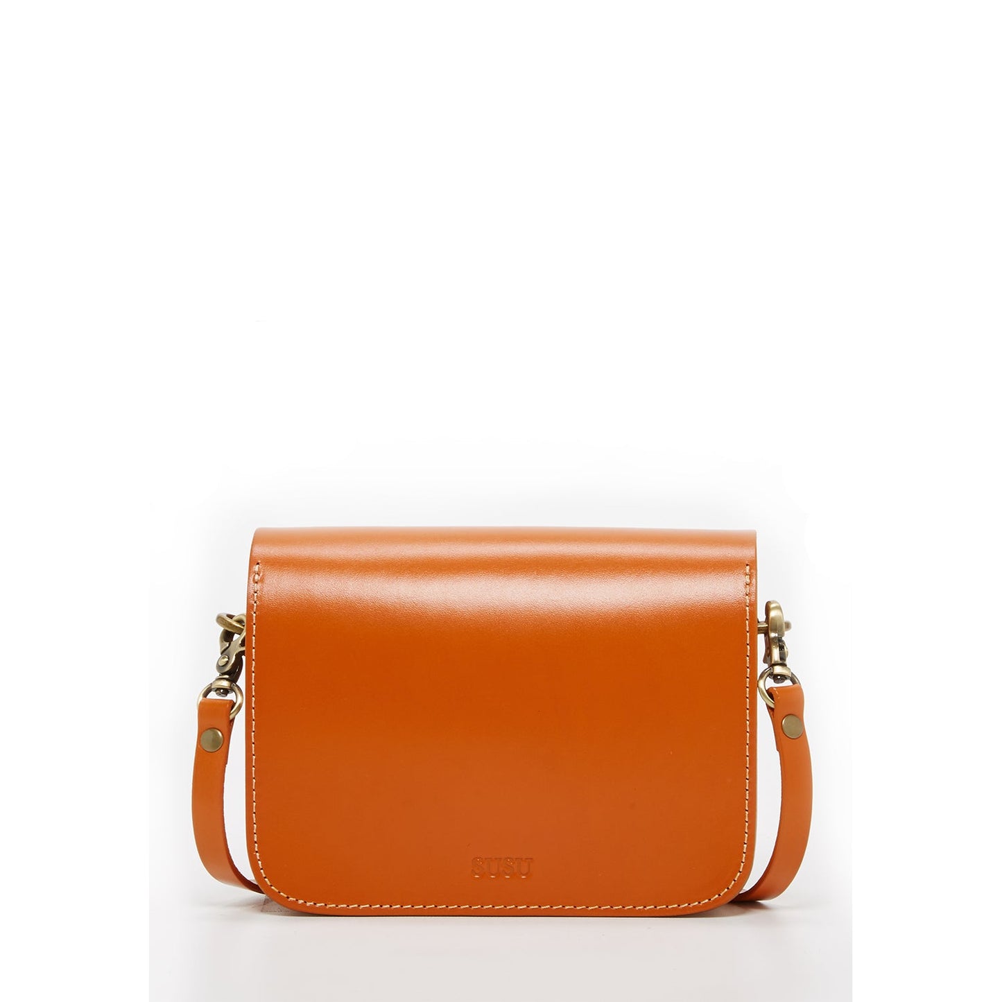 Orange leather handbag with gold accents on a white background