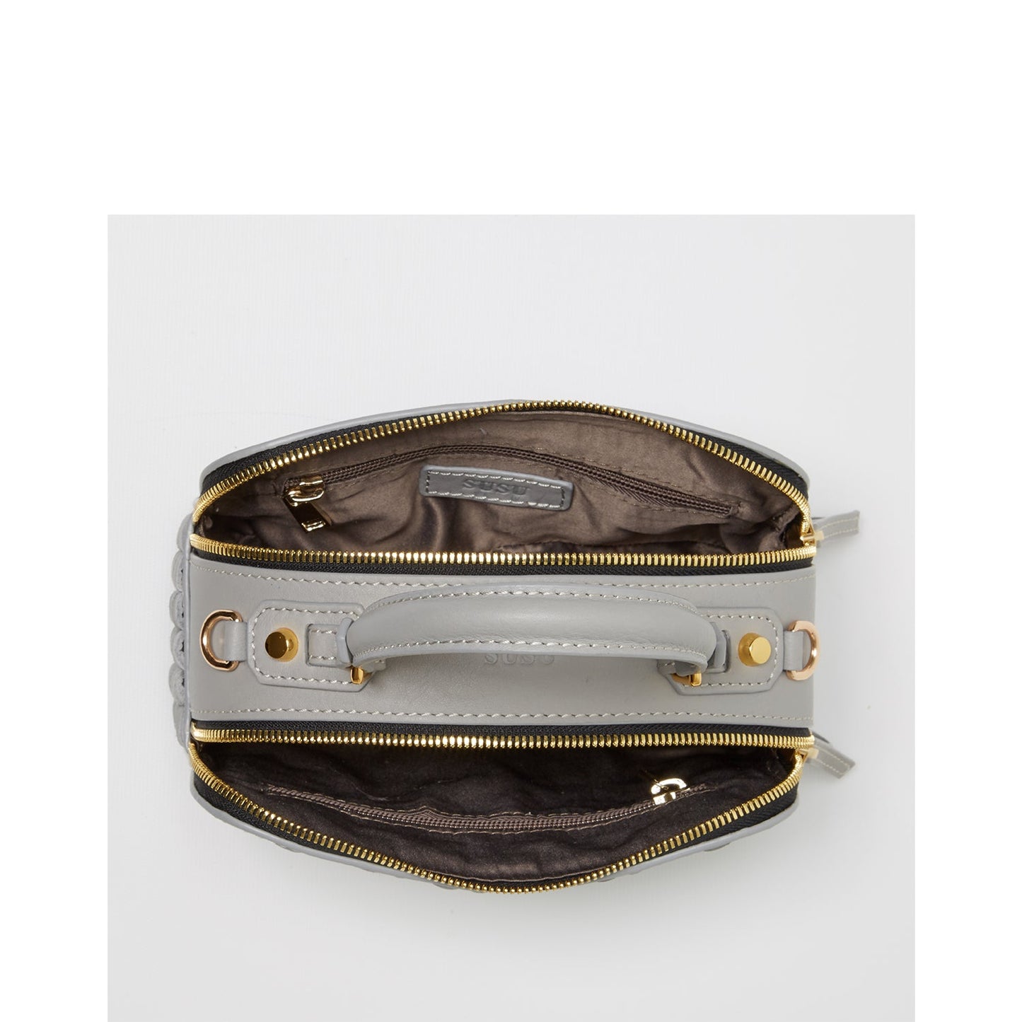 Kayla light gray weave leather crossbody purse open view