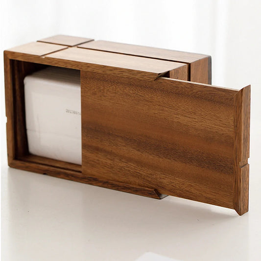 Black walnut wood tissue box with sliding cover open to reveal refill area