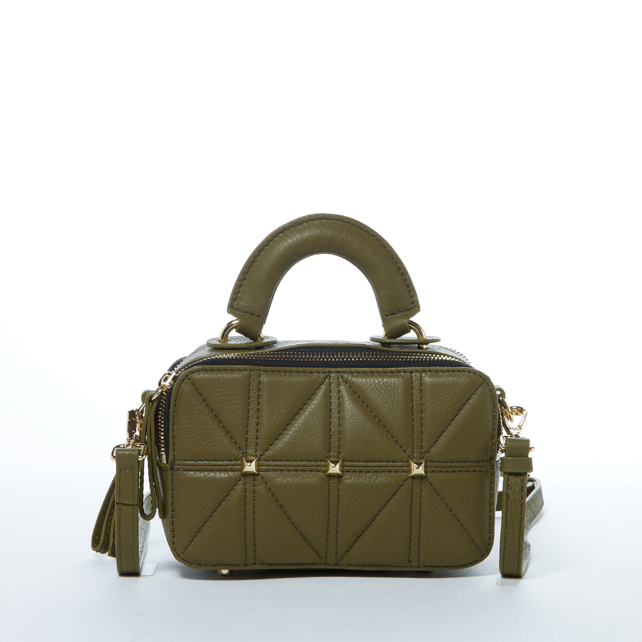 Front view of Taylor Small Quilted Crossbody Bag in olive green Italian leather with quilted detail and gold hardware