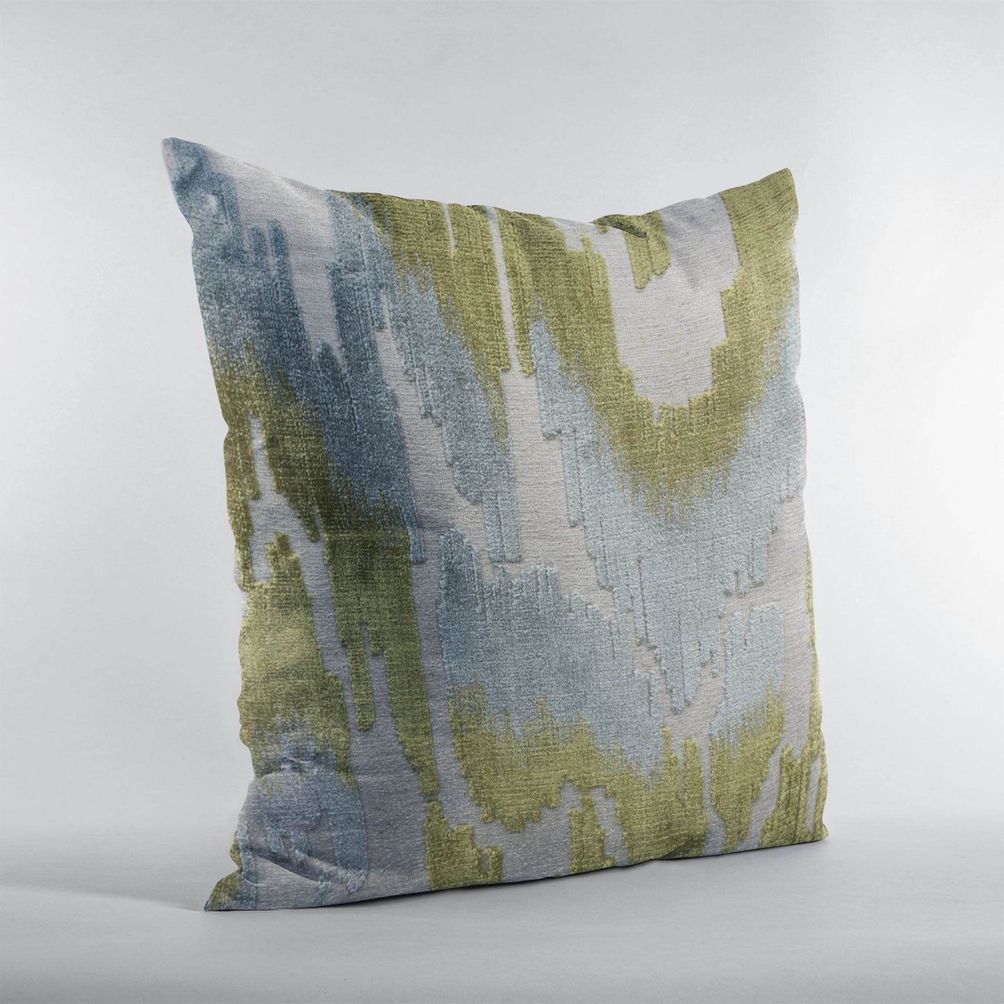 Velvet Glamour Blue, Citrine, and Cream Luxury Throw Pillow with ikat-inspired pattern, Side