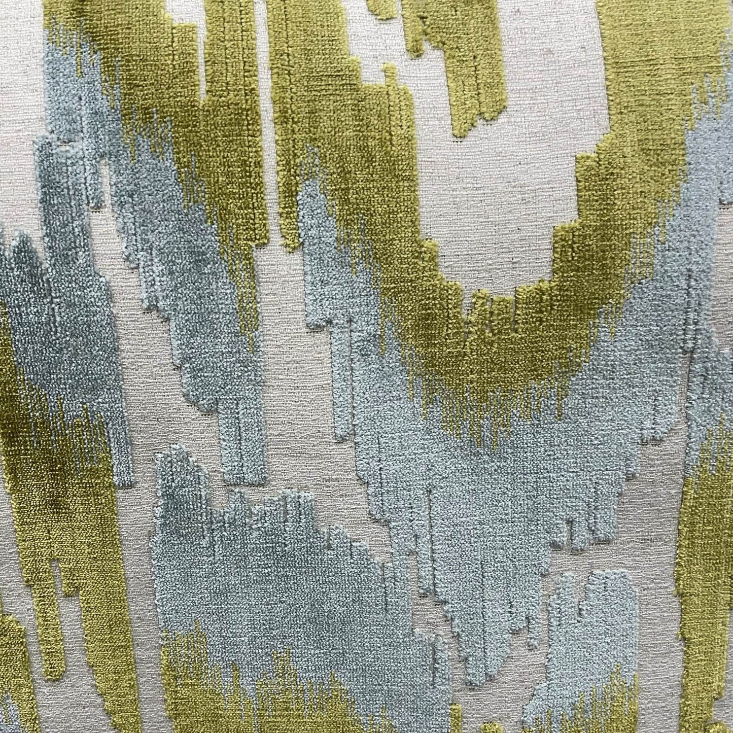 Velvet Glamour Blue, Citrine, and Cream Luxury Throw Pillow with ikat-inspired pattern close-up