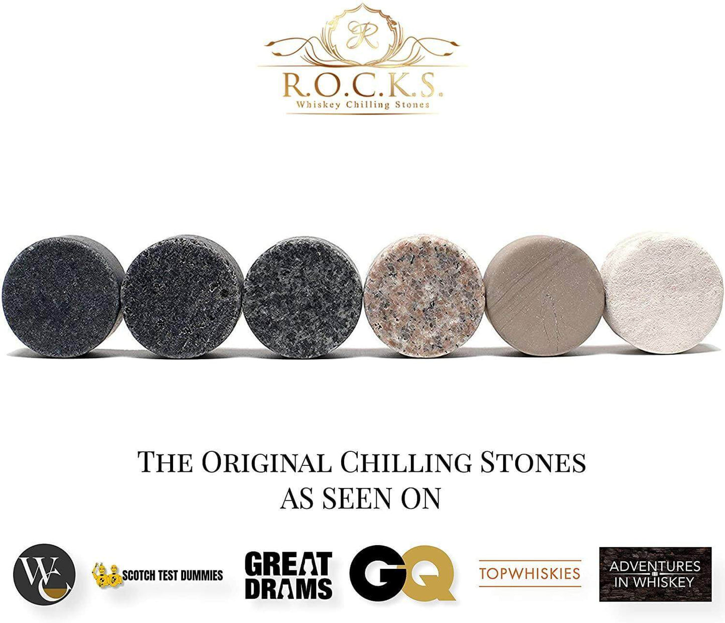 Close-up of granite whiskey stones in multiple finishes