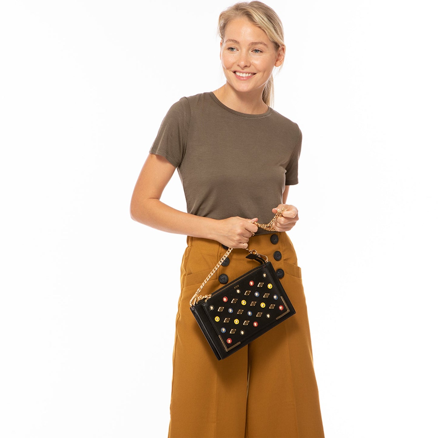 The Austin Convertible Clutch – Black Leather with Gold Studs - PUREKIND