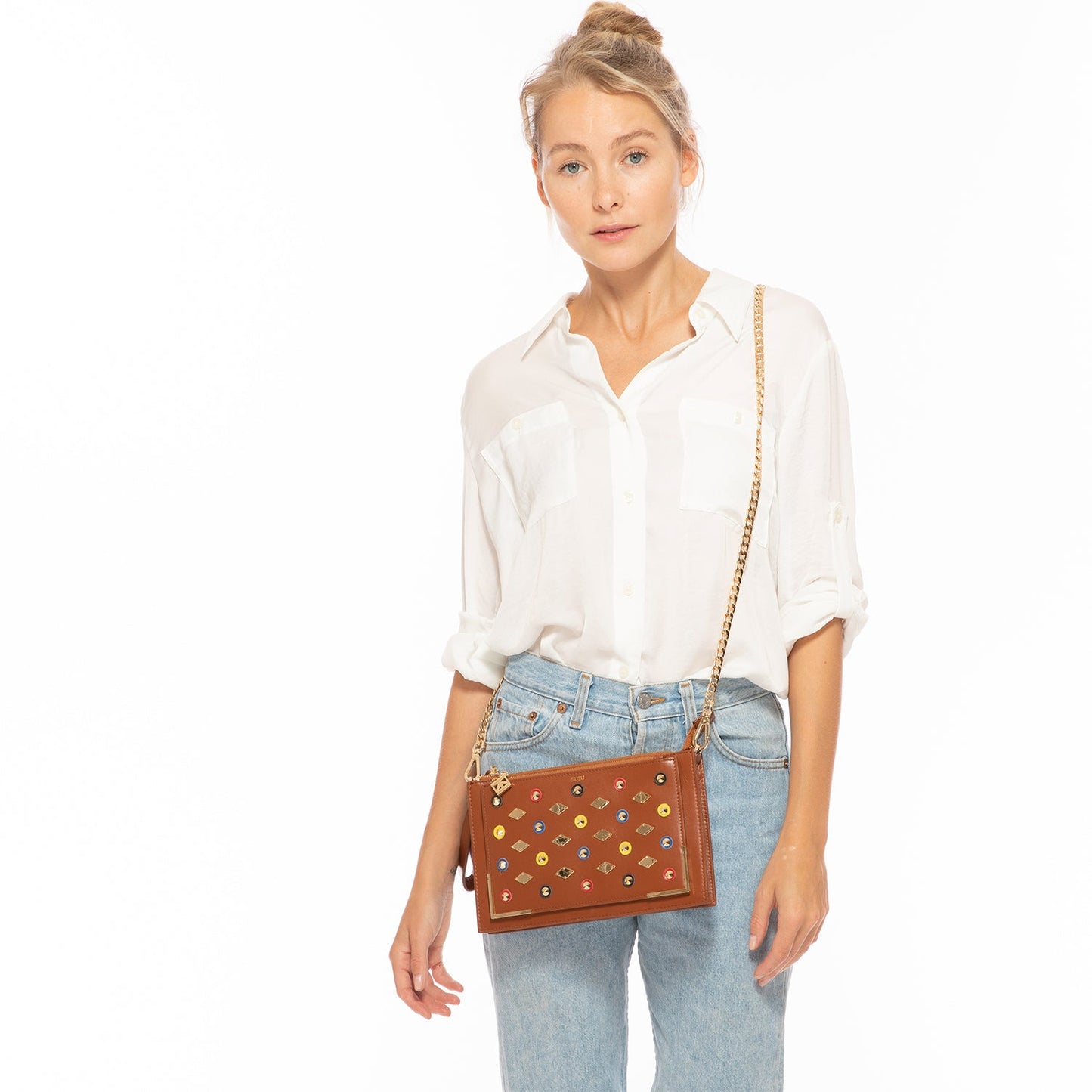 The Austin – Brown Leather Convertible Clutch with Gold Studs