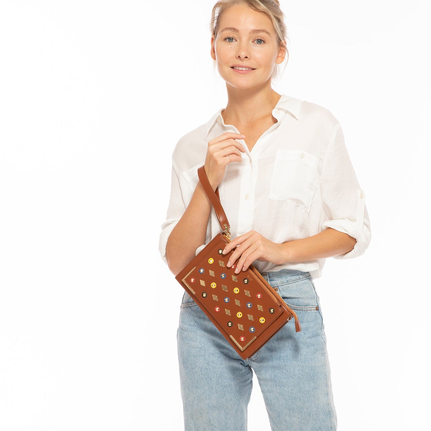 The Austin – Brown Leather Convertible Clutch with Gold Studs