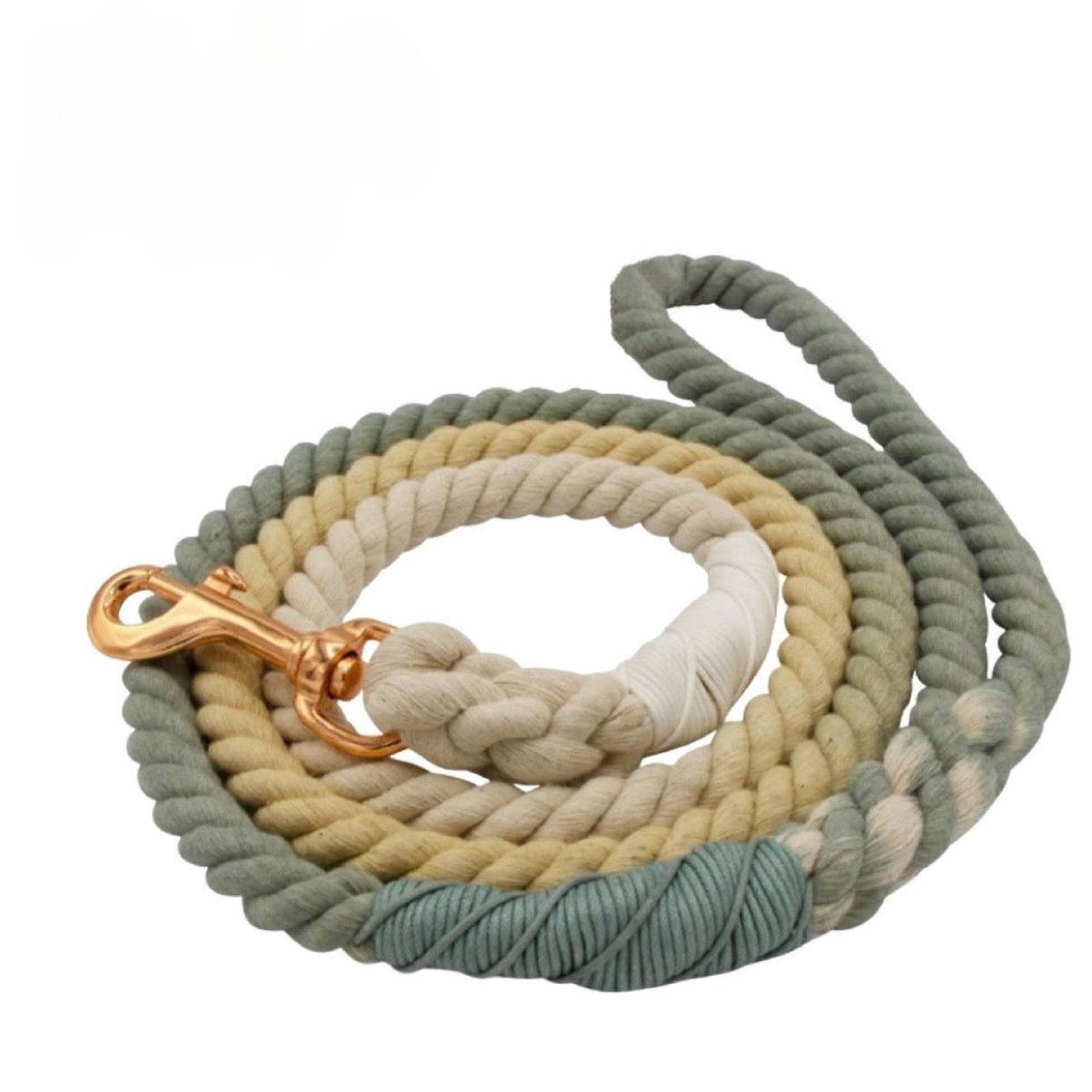 Hand-dyed ombré cotton rope leash with gold hardware, featuring a stylish dog charm and reinforced durability for secure pet walking.