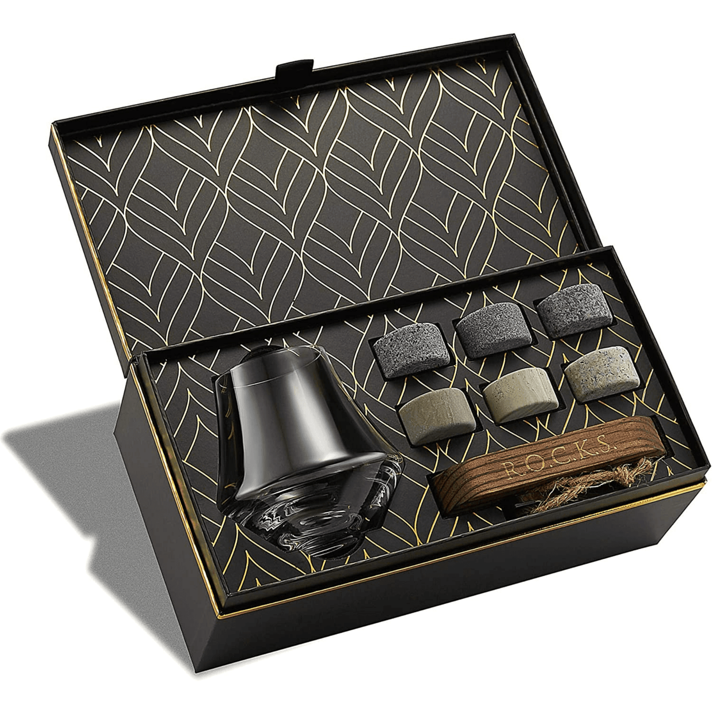 Crystal nosing whiskey glass with non-diluting granite whiskey stones in a luxury gift box.