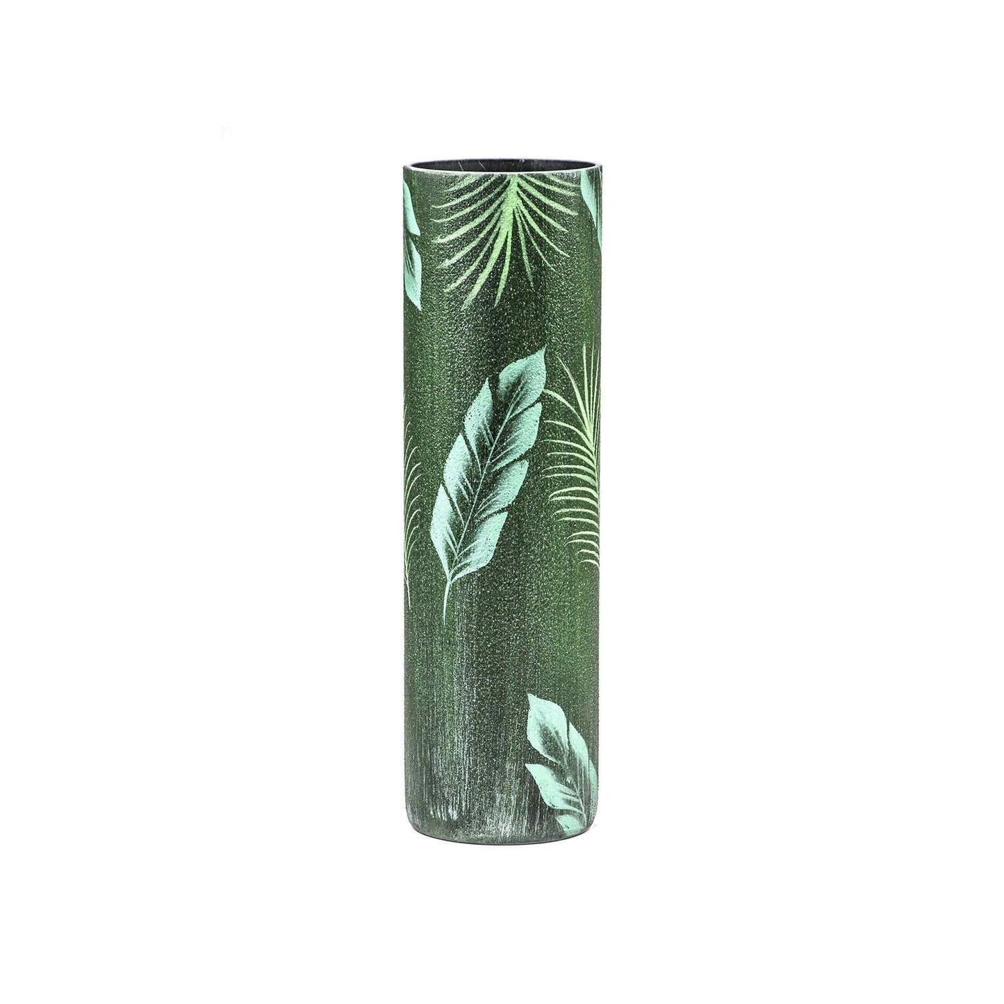 Hand-painted 16-inch cylindrical glass vase featuring a lush tropical leaves design, crafted from high-quality hand-blown glass.