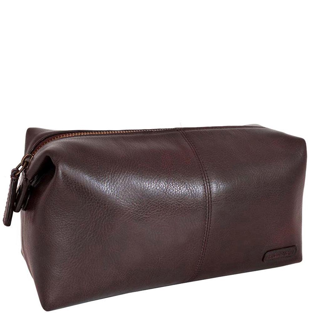 Hidesign Charles Leather Toiletry Bag in Brown, made from full-grain vegetable-tanned leather with a waterproof PU-lined interior and a secure zip-top closure.