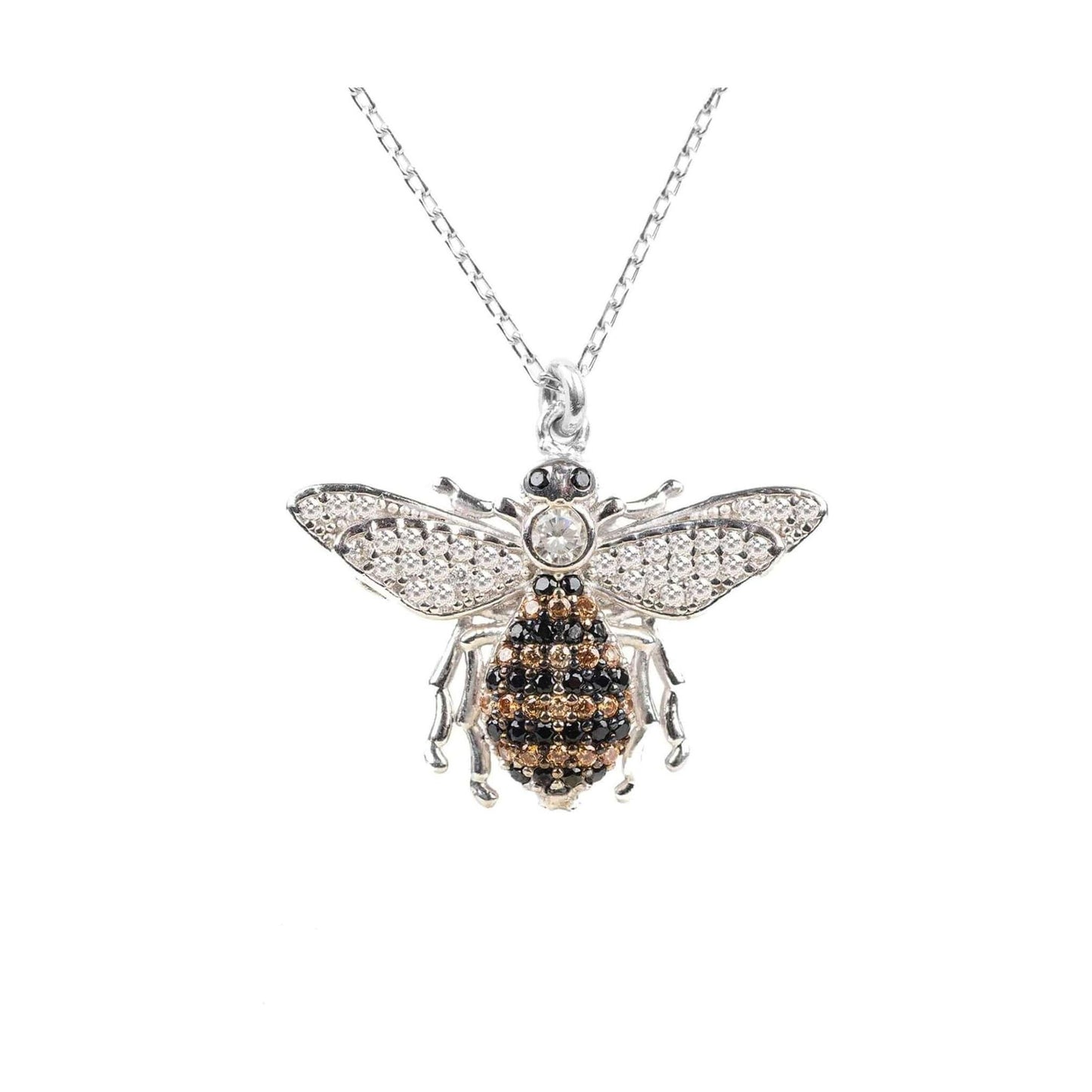 Sterling silver honey bee pendant necklace with sparkling zircon accents