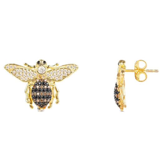Gold honey bee stud earrings with zircon stones front and side.