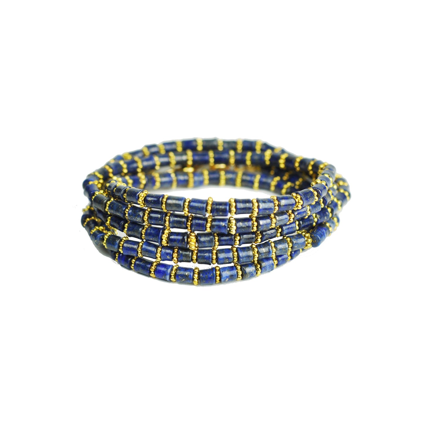 Lapis lazuli wrap bracelet with 14k gold-plated accents, handcrafted and convertible into a necklace.