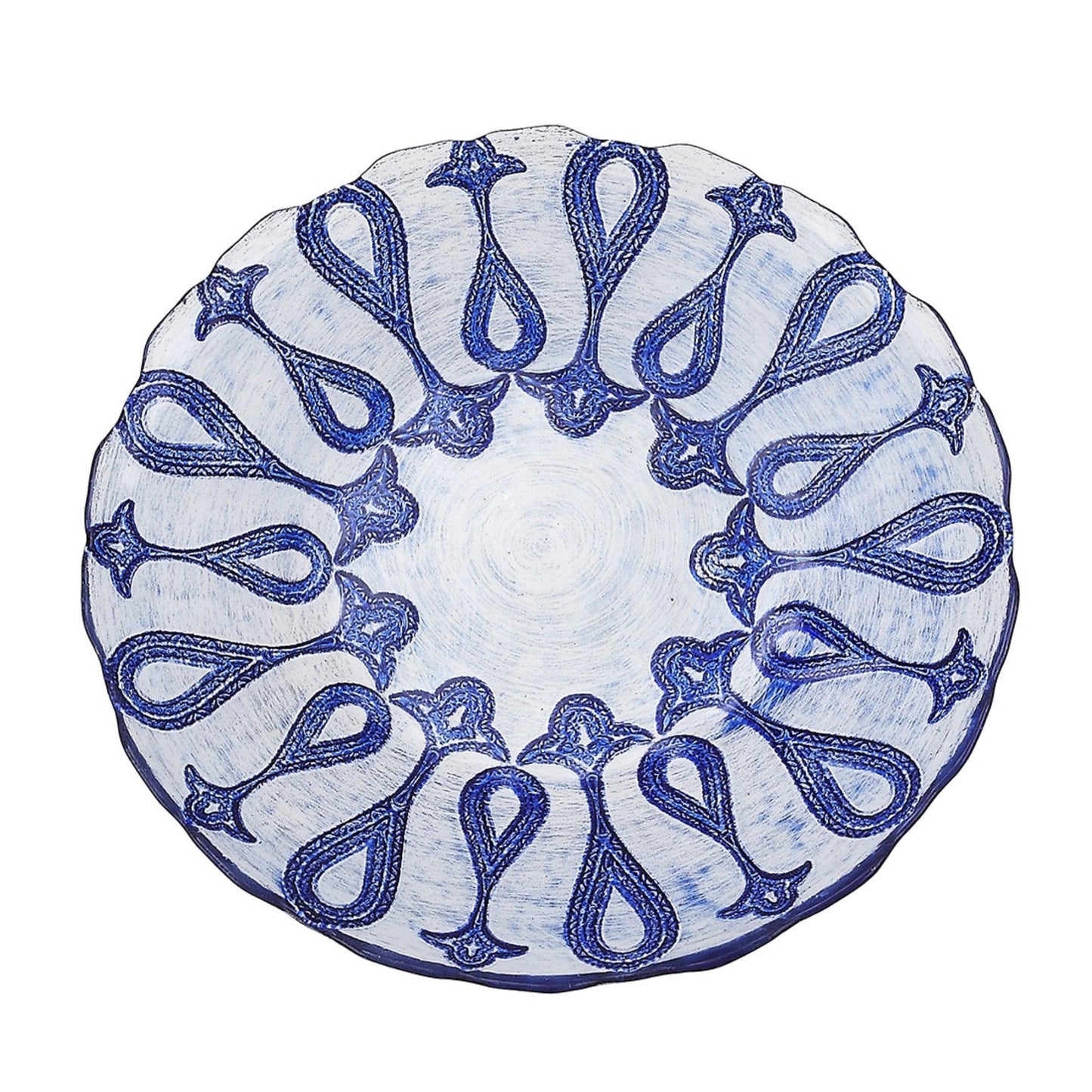 Set of four handcrafted blue and silver glass plates featuring a mythological Venus-inspired pattern and scalloped edges.