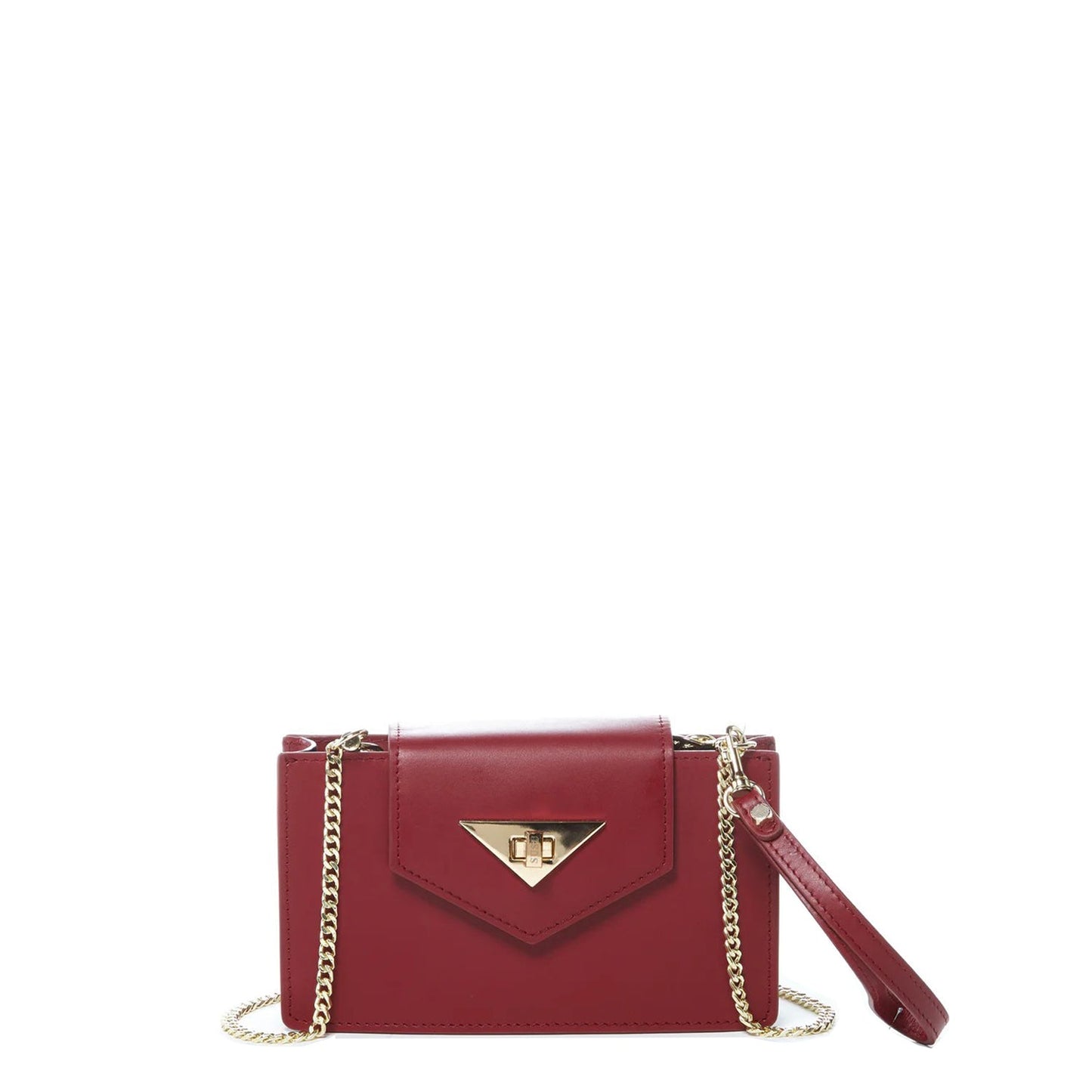 Front view of the Mary Mini Burgundy Leather Crossbody Bag with gold hardware and chain strap.