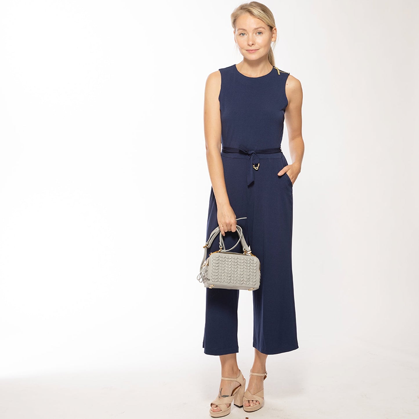 Kayla light gray weave leather crossbody purse styled