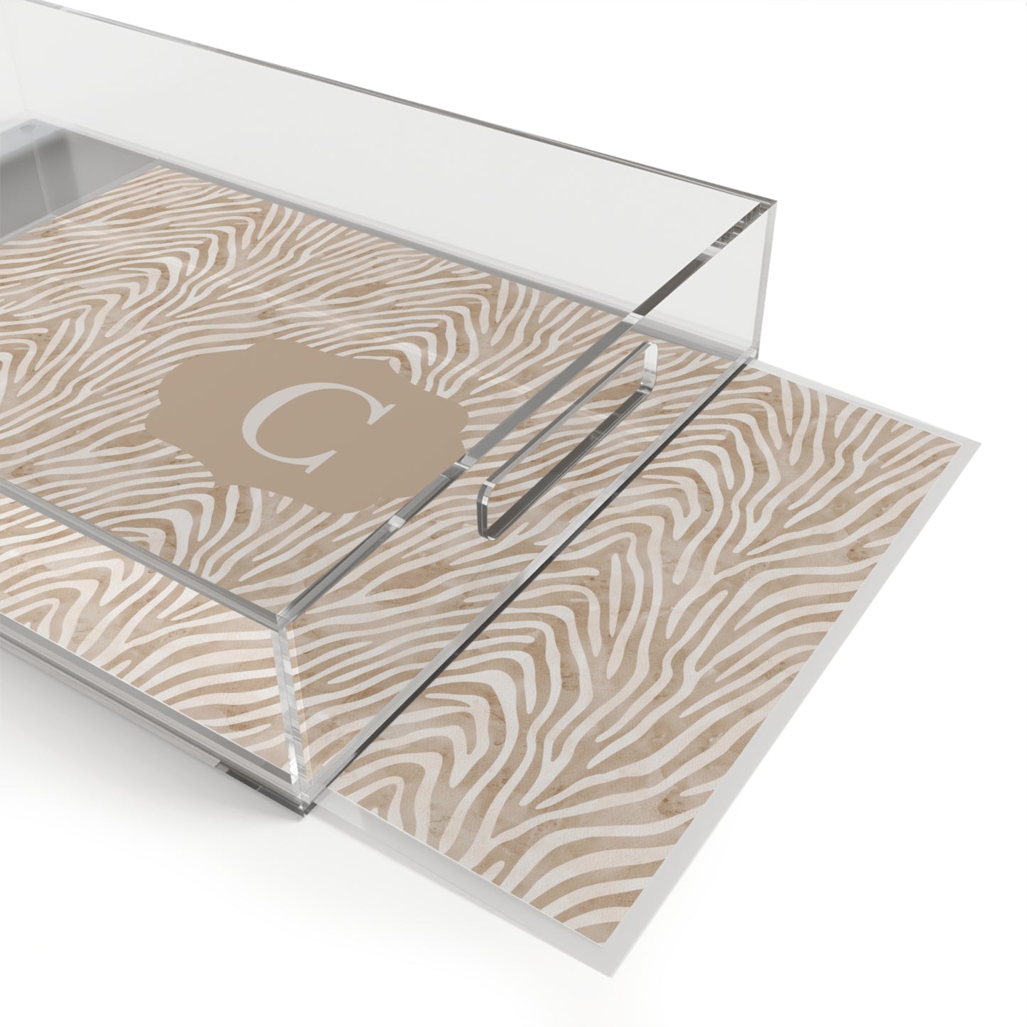 Acrylic serving tray with neutral zebra print and personalized monogram in clear box.