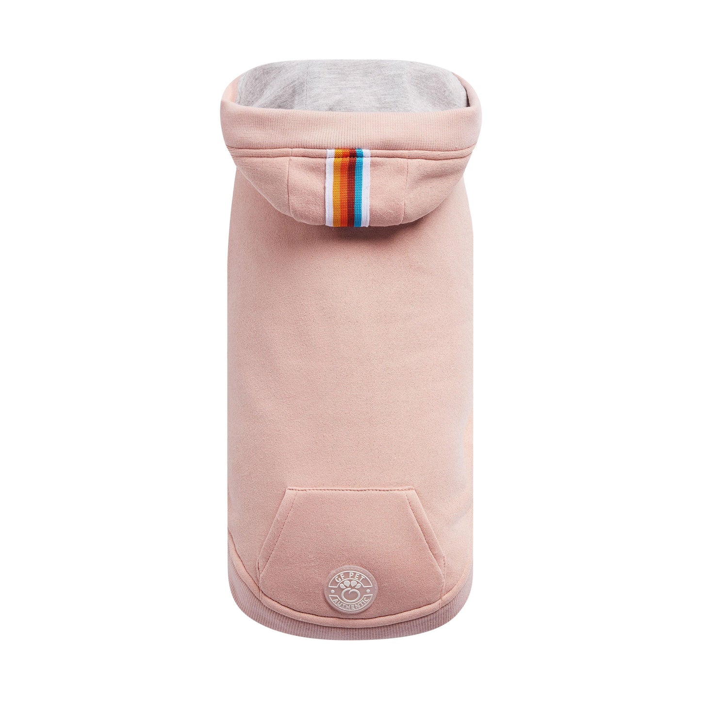 Soft pink dog hoodie with kangaroo pocket, retro hood, and Elasto-Fit design, made from fleece and jersey lining for a cozy and stylish pet outfit.