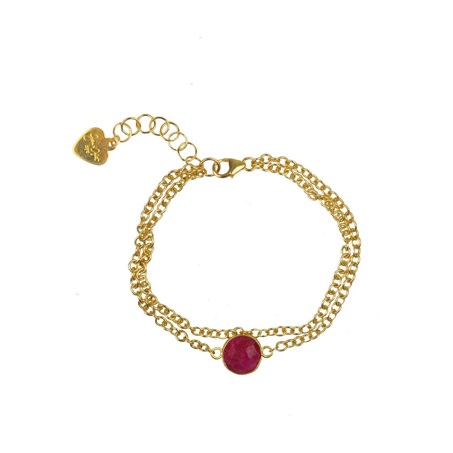 Ruby vermeil double chain bracelet, featuring a 10mm ruby gemstone set in 14kt gold vermeil, with an adjustable chain for a perfect fit.