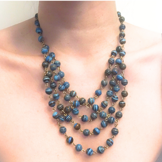 Stripe turquoise beaded necklace worn on neckline