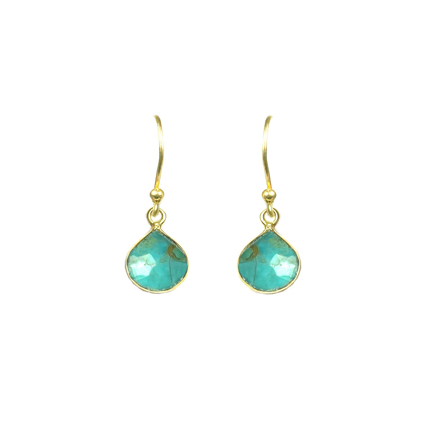Front view of teardrop turquoise bezel earrings in gold vermeil