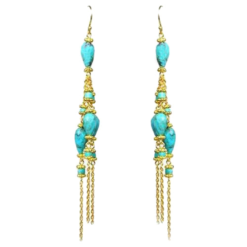 Turquoise linear chain drop earrings with 14k gold-plated brass and 18kt gold vermeil earwires, 4.5" drop.