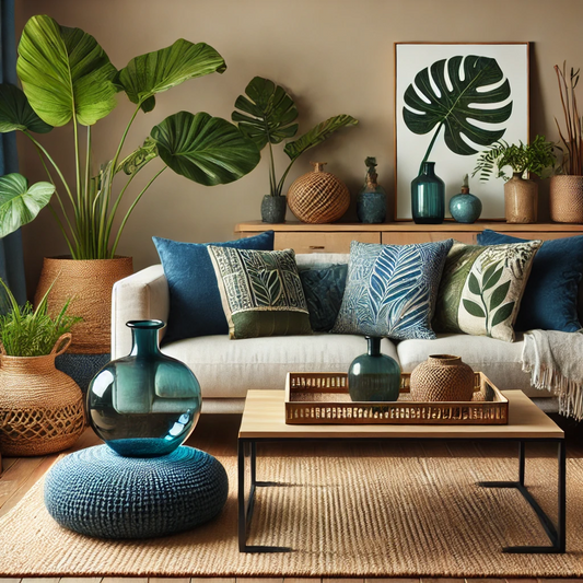 Modern home featuring sustainable materials, earthy tones, and bold accents—reflecting 2025's top home decor trends.