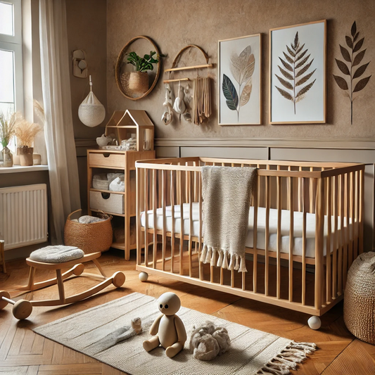 Neutral-toned nursery with soft textiles, wooden crib, and cozy decor—creating a warm and inviting baby room.