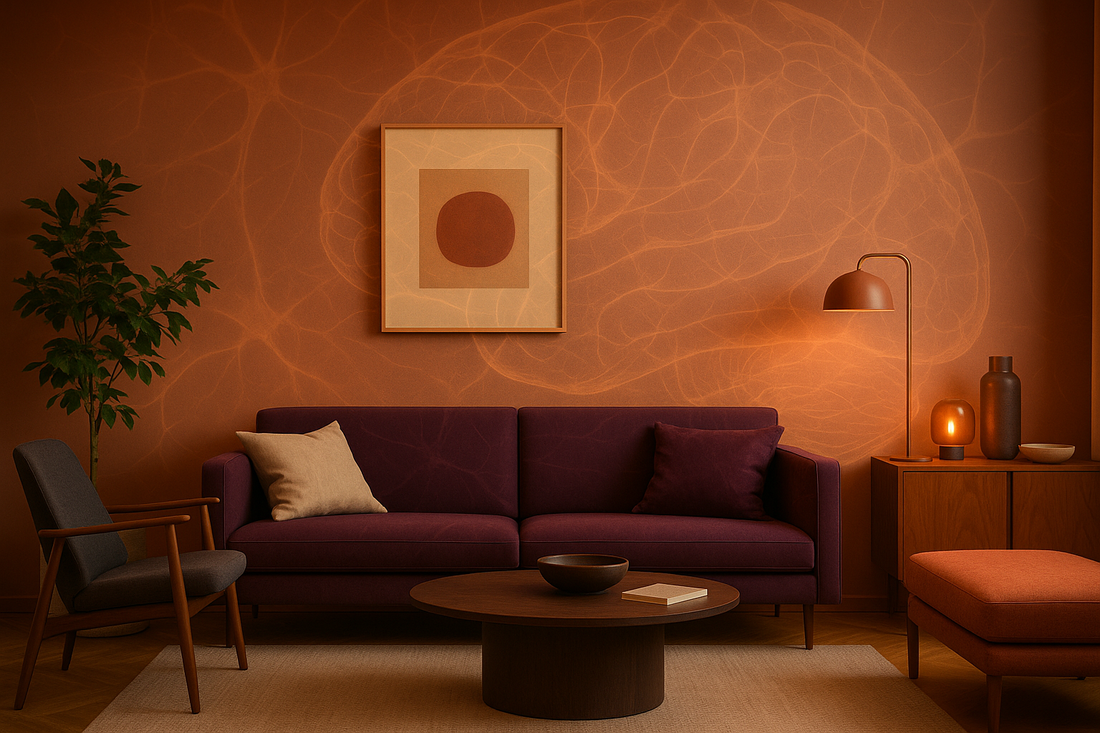Modern living room with terracotta walls featuring subtle neural network patterns, a deep plum sofa, mid-century furniture, and warm ambient lighting.