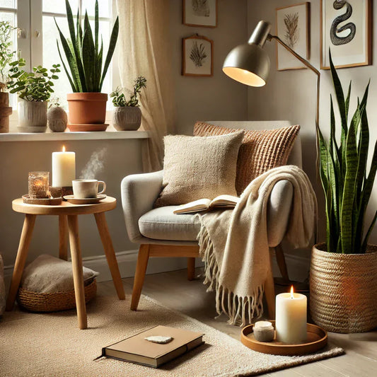 A beautifully decorated cozy self-care corner featuring soft throw blankets, warm lighting, and lush green plants, creating the perfect space for relaxation.