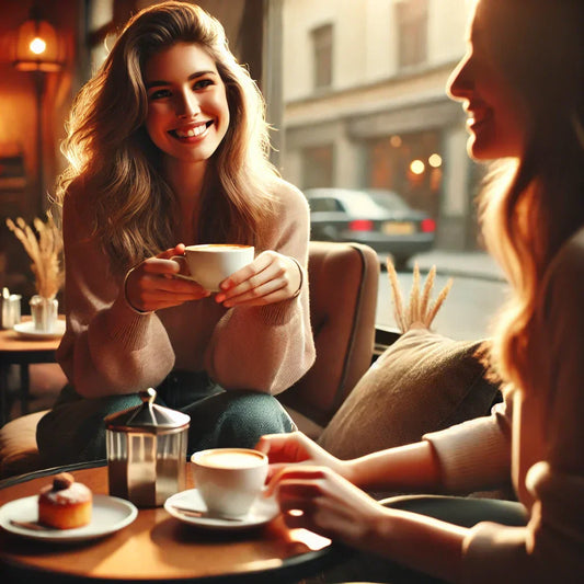 Two friends enjoying coffee together at a cozy café, sharing smiles and conversation. A warm and inviting setting that reflects the power of connection through drinks.