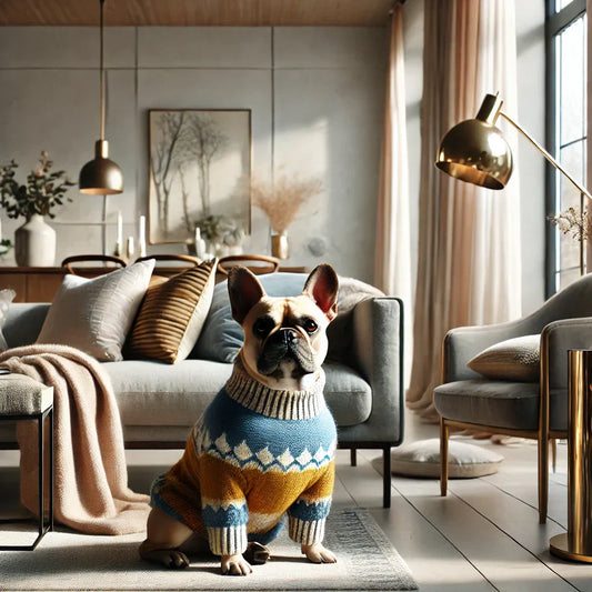 A stylish French Bulldog wearing a cozy blue and yellow sweater sits in a modern, elegantly designed living room with warm lighting, neutral-toned furniture, and gold accents