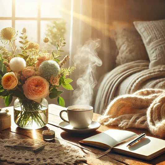 Bright, cozy space with soft blankets, a cup of tea, an open journal, and fresh flowers by a sunlit window—evoking mindfulness and everyday joy.