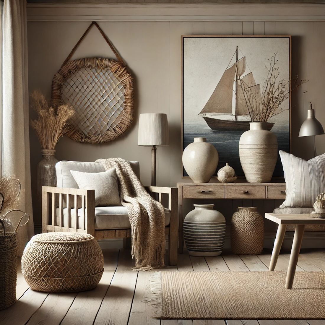 Rustic coastal decor with woven textures, soft neutral tones, and vintage nautical accents—creating a relaxed Fisherman Aesthetic home.