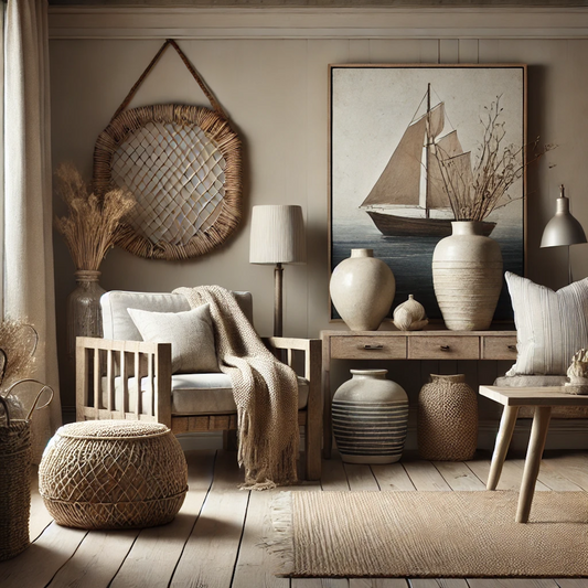 Rustic coastal decor with woven textures, soft neutral tones, and vintage nautical accents—creating a relaxed Fisherman Aesthetic home.