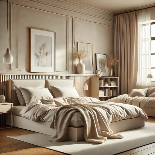 Modern, cozy bedroom with stylish decor, warm textures, and elegant accents—creating a beautifully curated space.