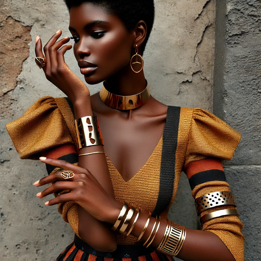 Elegant woman wearing bold gold statement jewelry, including cuff bracelets, rings, and a choker necklace, styled with a chic mustard-toned outfit.