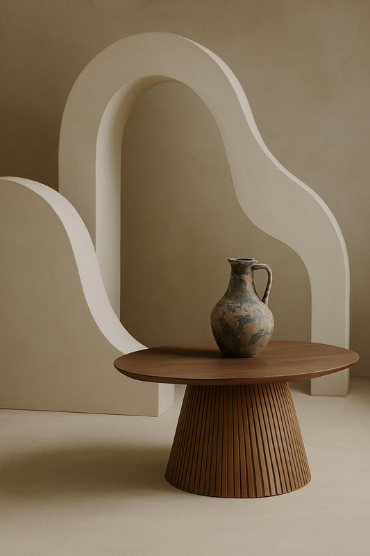 Editorial living space with curved white sculptures and warm neutrals
