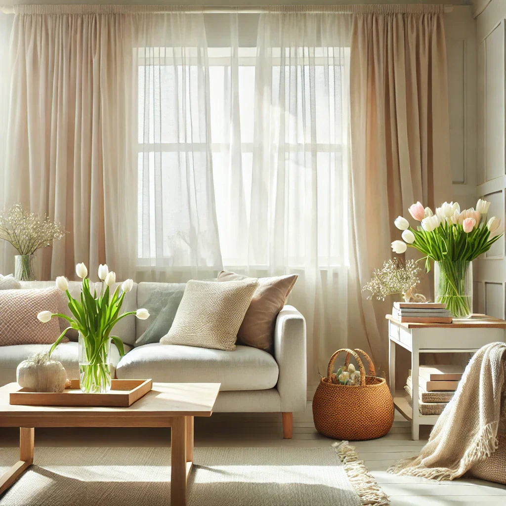 A bright and airy living room styled for spring, featuring sheer curtains, pastel throw pillows, a fresh bouquet of tulips on a wooden coffee table