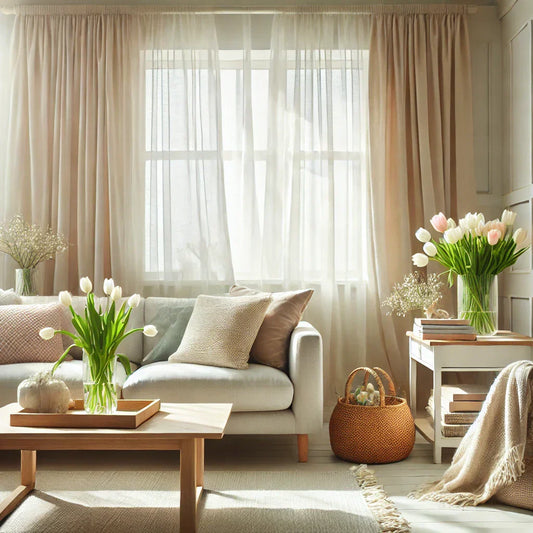 A bright and airy living room styled for spring, featuring sheer curtains, pastel throw pillows, a fresh bouquet of tulips on a wooden coffee table
