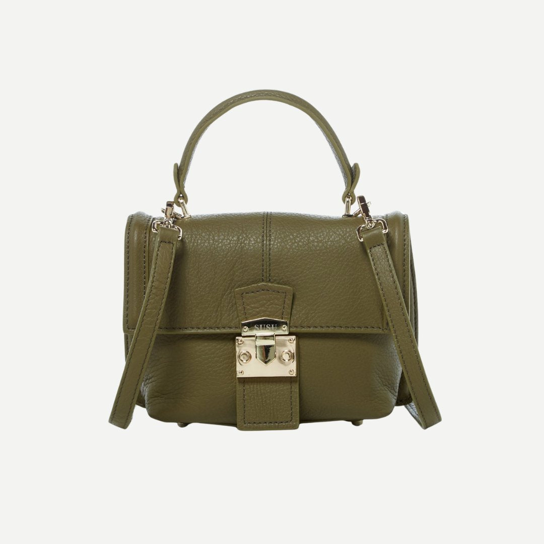 Olive green leather handbag with gold hardware from PUREKIND's artisan jewelry and accessories collection