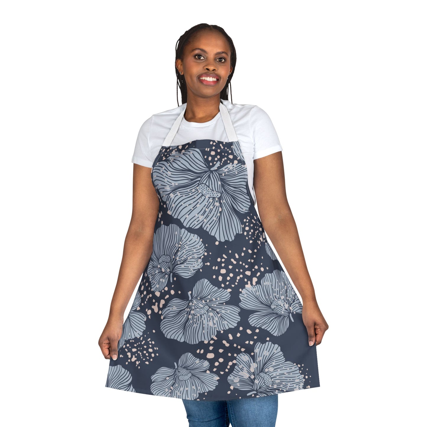 Woman wearing a floral apron on a white background