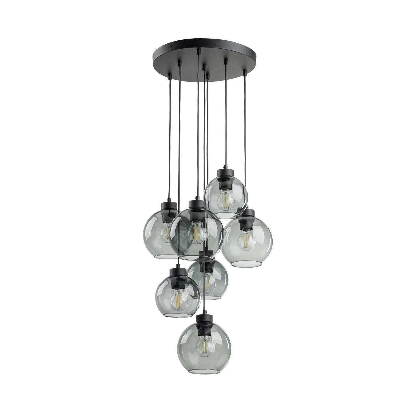 Modern pendant light with clear glass shades and black metal fixture on a white background