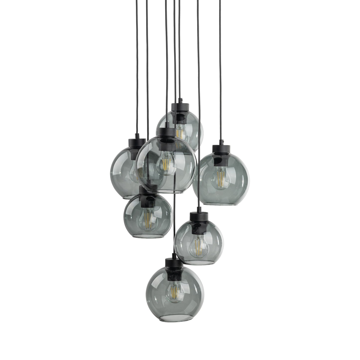 Chandelier with clear glass shades and black metal fixtures on a white background