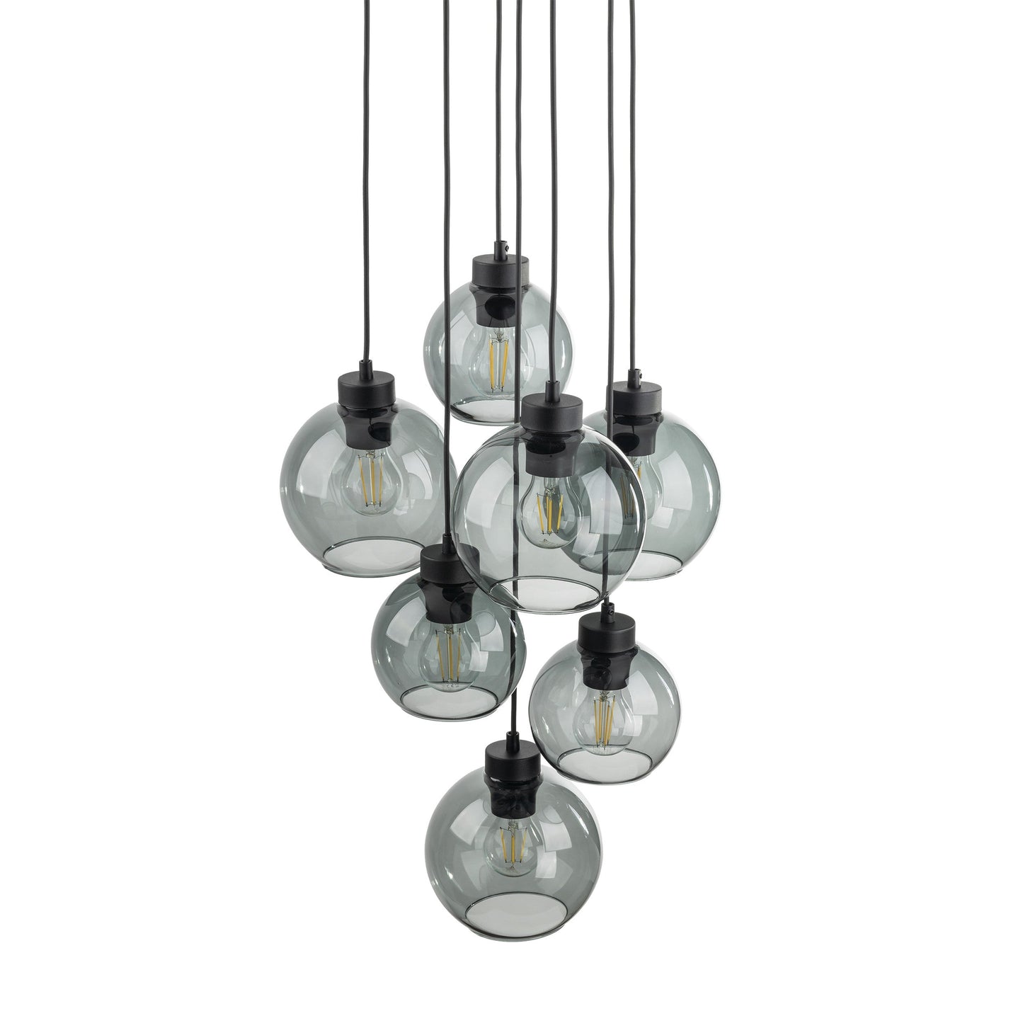 Cluster of hanging pendant lights with clear glass shades on a white background