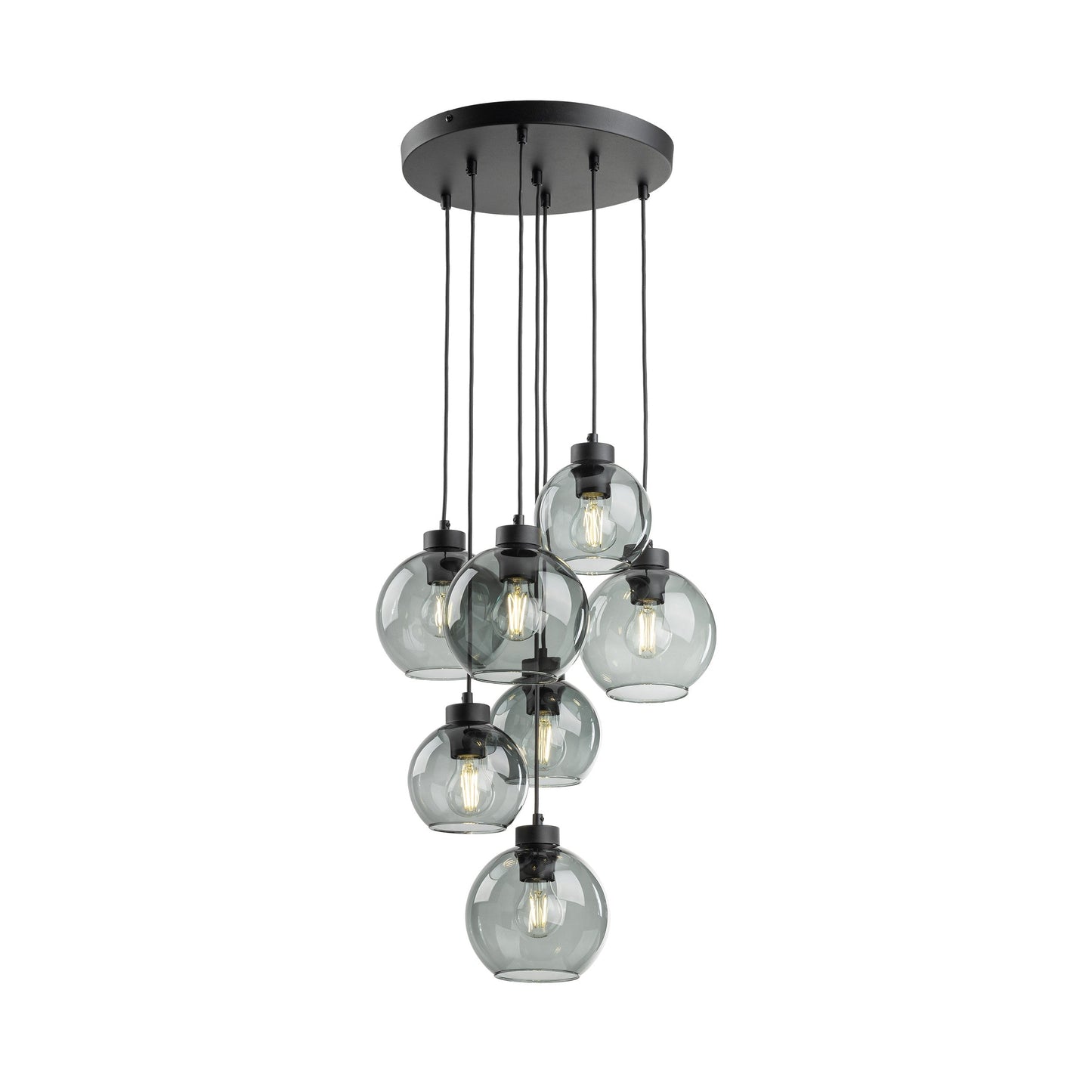 Modern pendant light with clear glass shades and black metal fixture on a white background