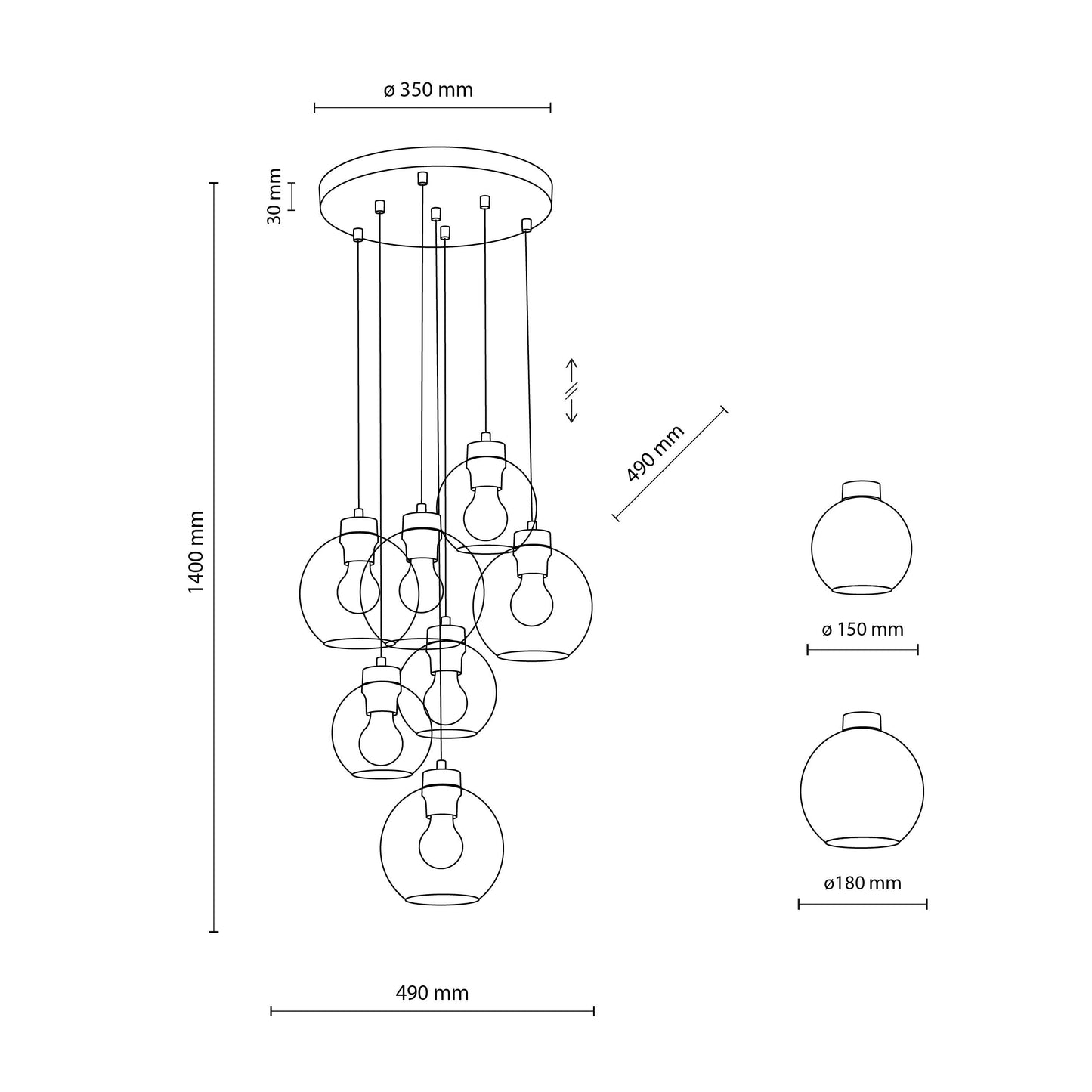 Technical drawing of a pendant light fixture with dimensions